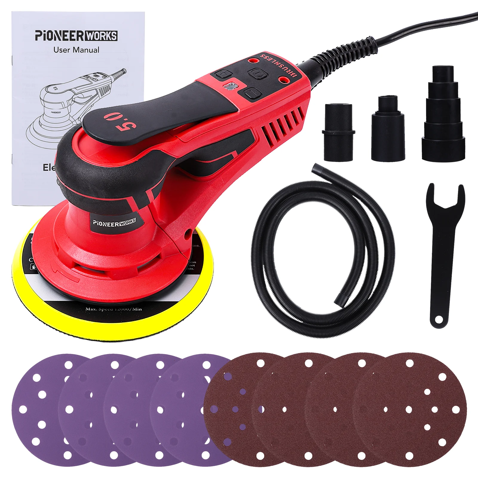 Levigatrice orbitale a motore brushless da 350 W – 15 cm, 10.000 giri/min, lucidatrice palmare a 5 velocità – a bassa vibrazione, include 12 fogli abrasivi – ideale per lavorazione del legno,