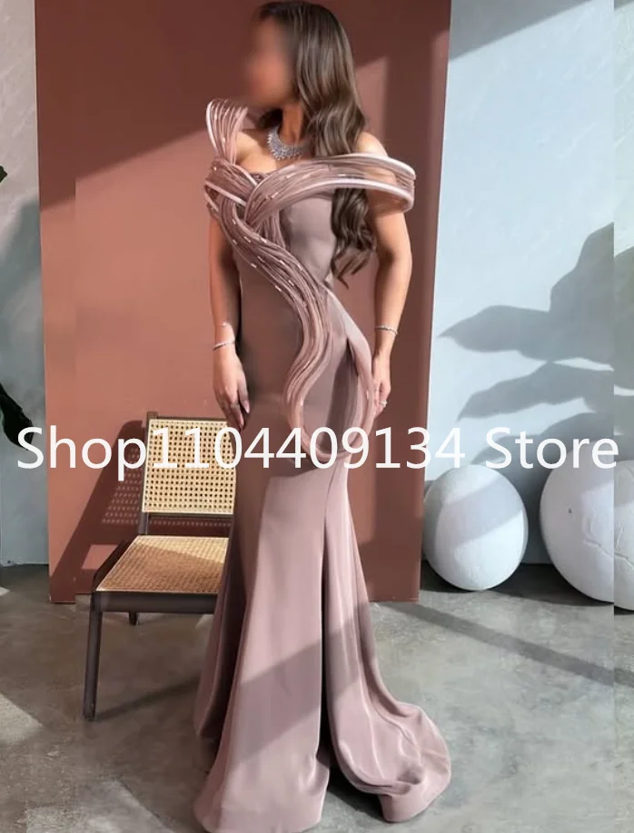 Vestidos formales de noche de sirena larga, color rosa desnudo, volantes, fruncidos, hombros descubiertos, vestido de fiesta de Oriente Medio, Jersey a medida, tamaño personalizado