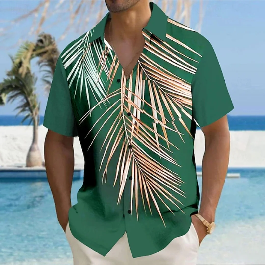 メンズシャツリーフグラデーションスタイル夏アウトドアファッション半袖トップスリーフプリントスタイル大きいサイズルーズ紳士服シャツ