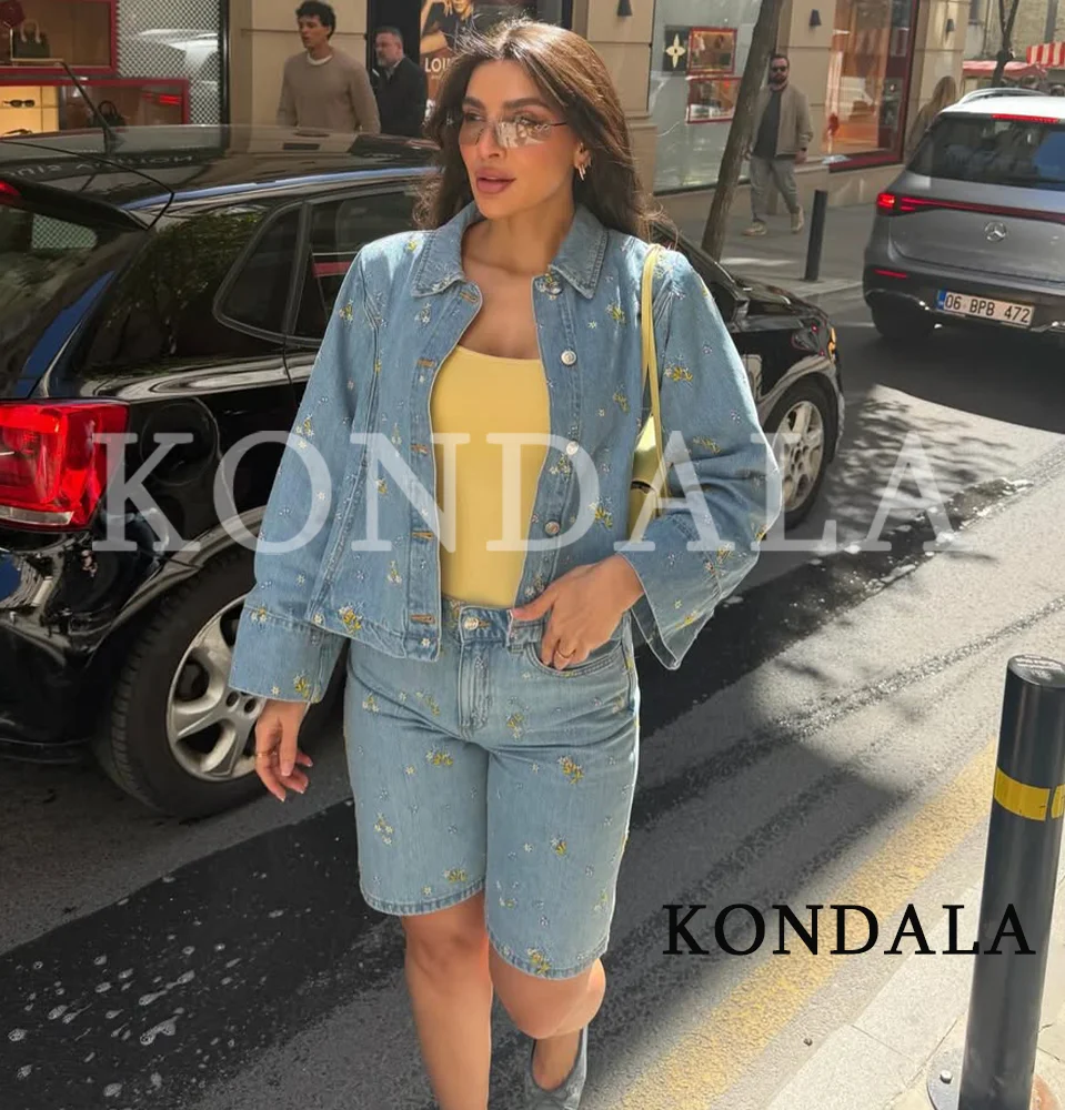 

Women Leisure Chic Denim Embroidered Flowers Set KONDALA 2026 Spring Summer Trendy Shorts Set Female Lapel Buttons Jacket,Shorts