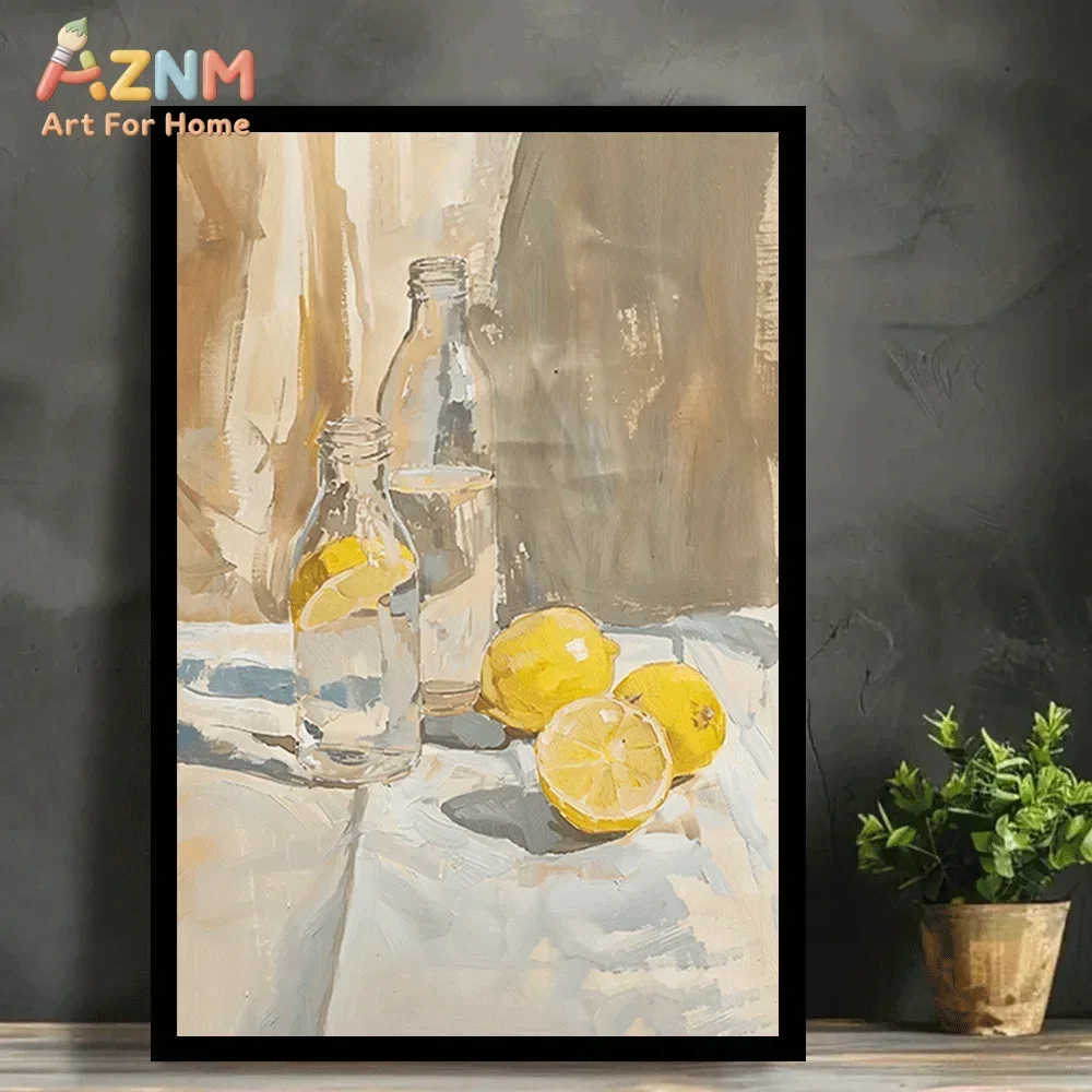 AZNM Lemon Still Life Canvas Wall Art, Vintage Oil Painting Style Glass Bottle Fruit Print Poster for Kitchen Dining Room Decor
