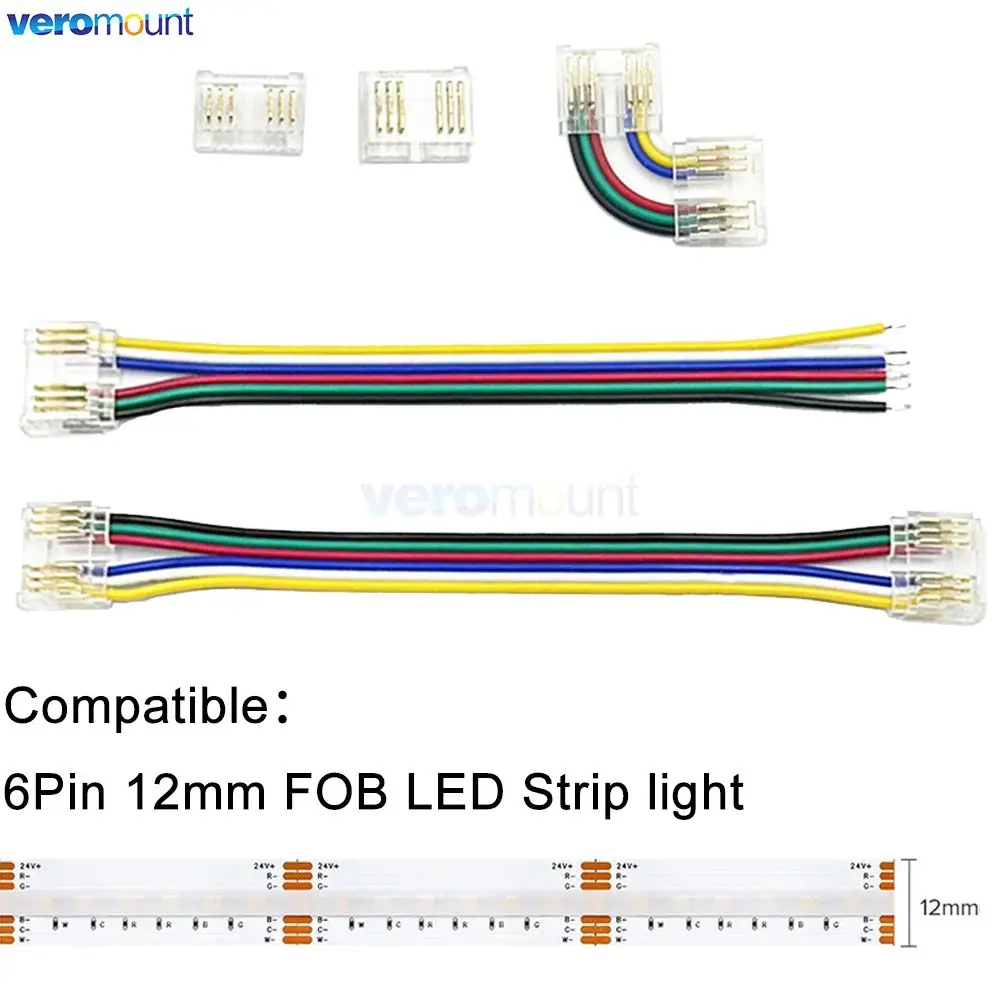 6pin COB Strip Fast Connector RGBCCT FCOB LED Tape 12mm Width Strip to Strip or Strip to Wire Solderless Connector Corner Joint