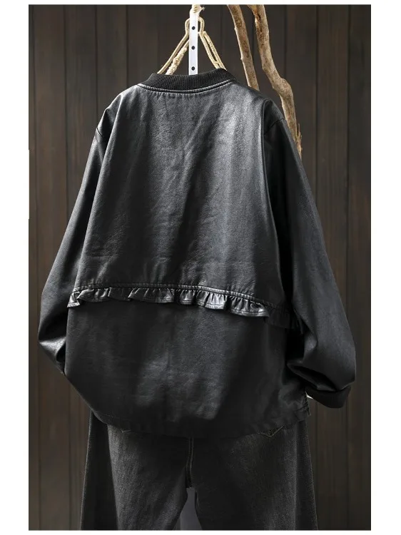 Casual Long Sve Stand Collar PU Leather Jaet Women's Personali Splicing Baseball Coat Trendy Autumn New Ba Ear Mus...