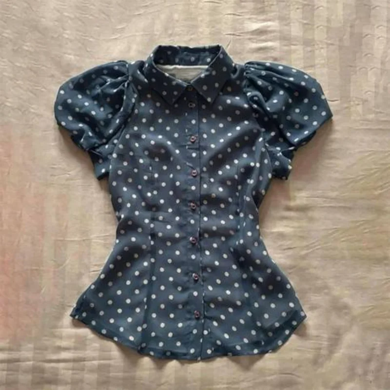 Vintage Japanese Y2k Sweet Shirts Polka Dot Puff Sleeve All-match Slim Blouses French Style Casual Minority Soft Blusas