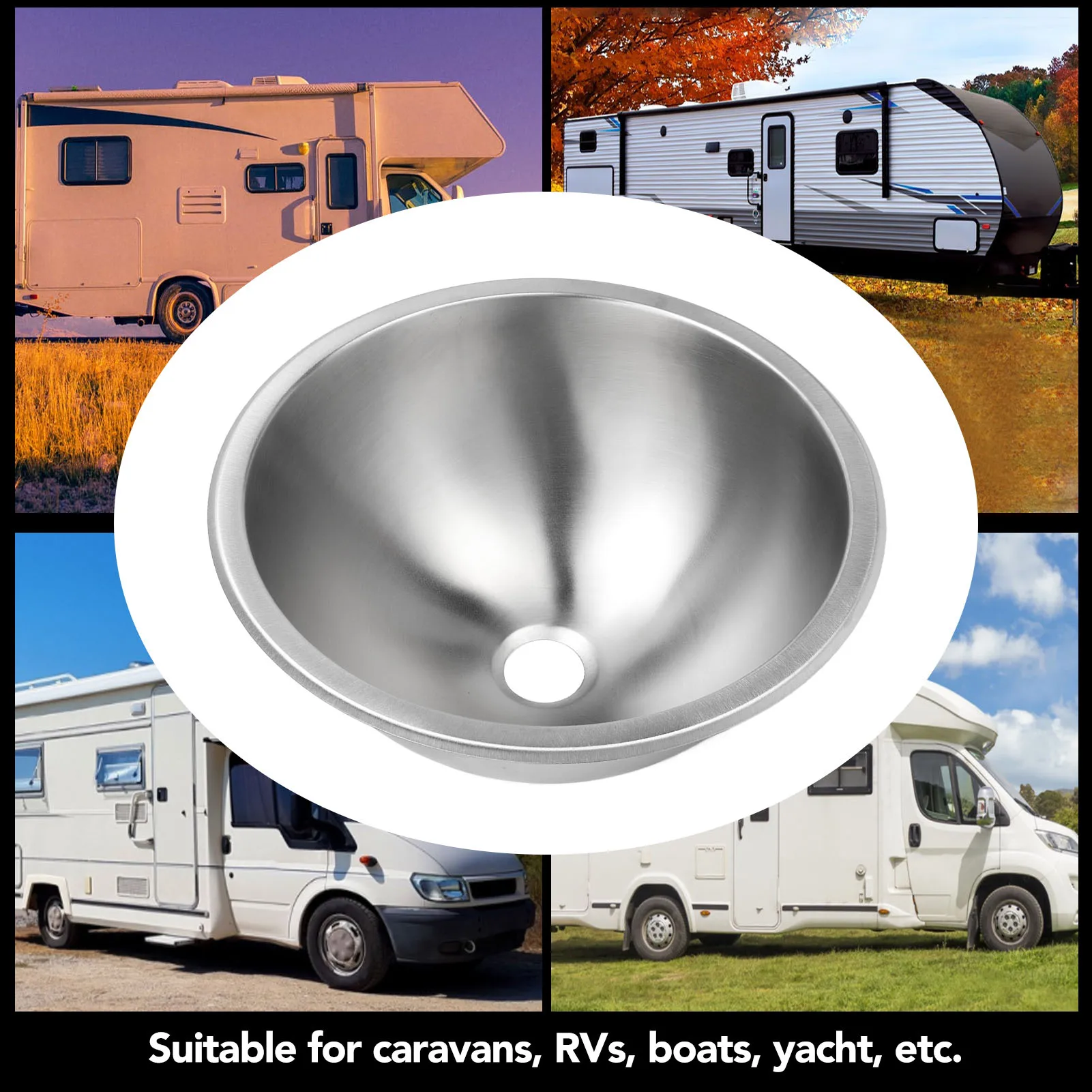 12 inch camper ronde spoelbak 304 roestvrij staal keuken bad wastafel handwastafel met 40 mm riooluitlaat voor boot caravan RV