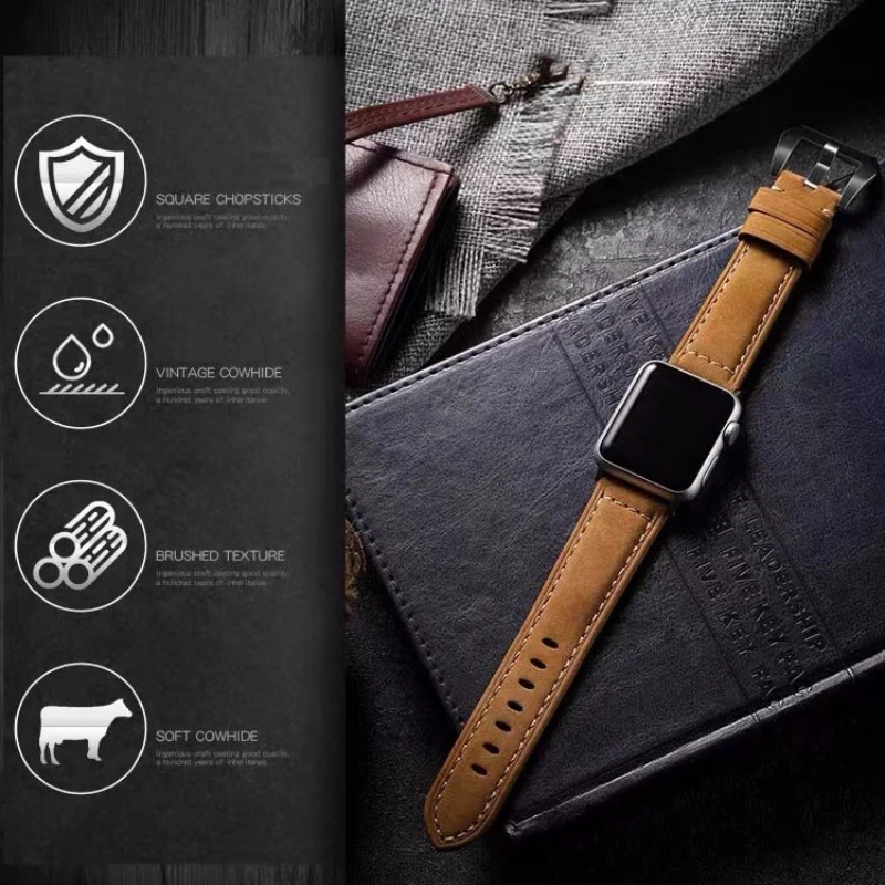 Vintage Crazy Horse Leather Strap for Apple Watch Series 9 8 7 6 5 4 3 Se Leather Strap Ultra 49mm 45mm 41mm 38 42 44 WatchBand