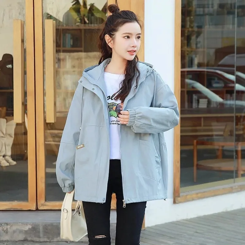 Simple Tooling Coat Women's Spring Autumn 2025 New Windbreaker Jacket Lady Retro Hooded Overwear Large Size Female Outcoat Tops
