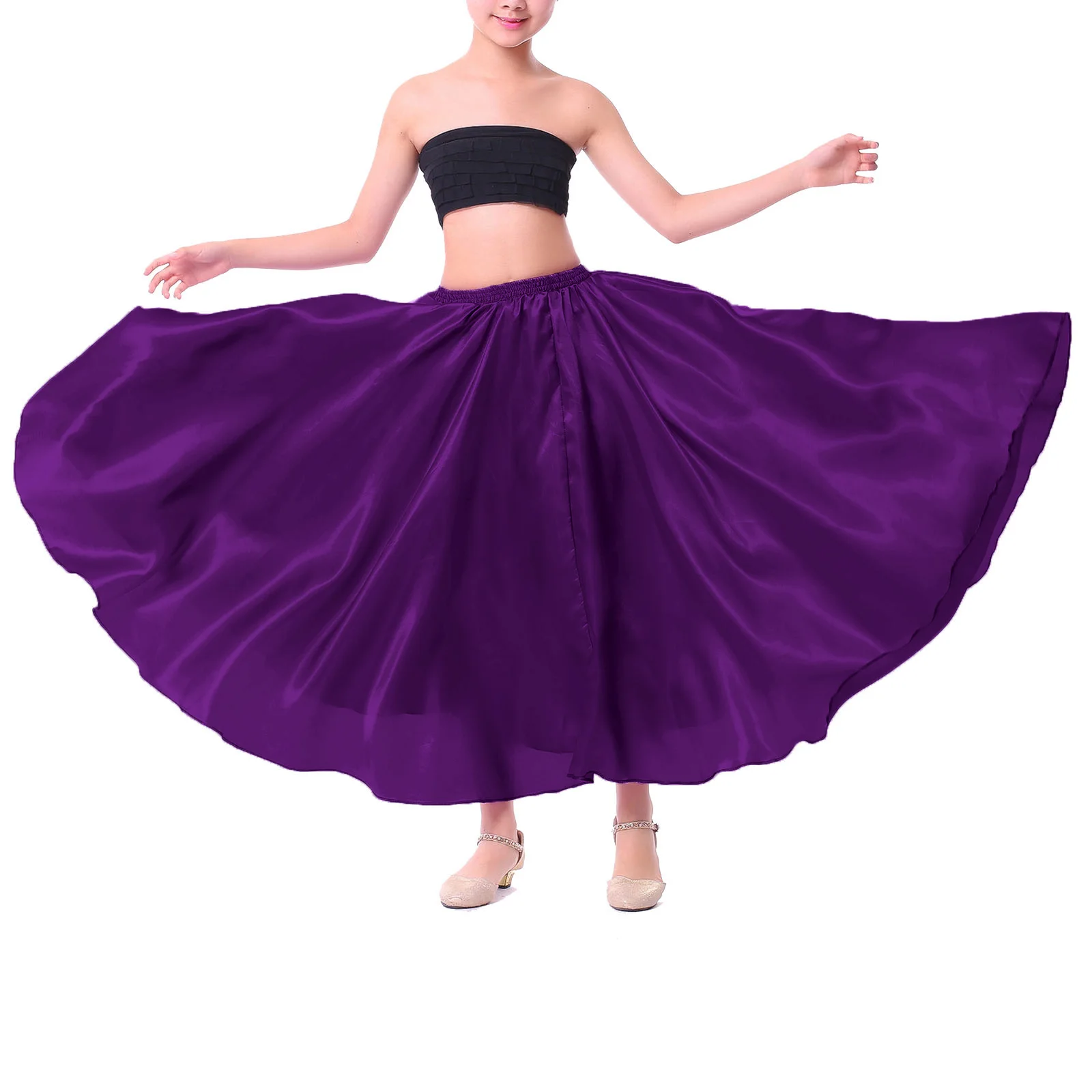 Girls Shining Satin Spanish Flamenco Skirt Colorful Big Swing Folkloric Mexican Folk Dance Long Skirts Rave Performance Costume