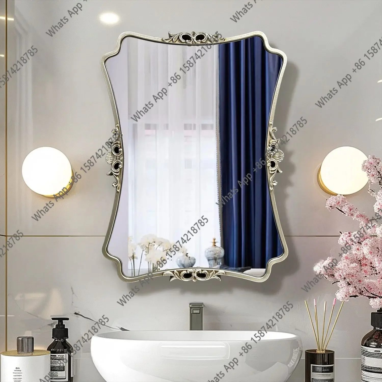 Mn American Retro Bathroom Mirror Entryway Wall Mounted French Bathroom Mirror Creative LED Smart Bathroom Dressing Mirror