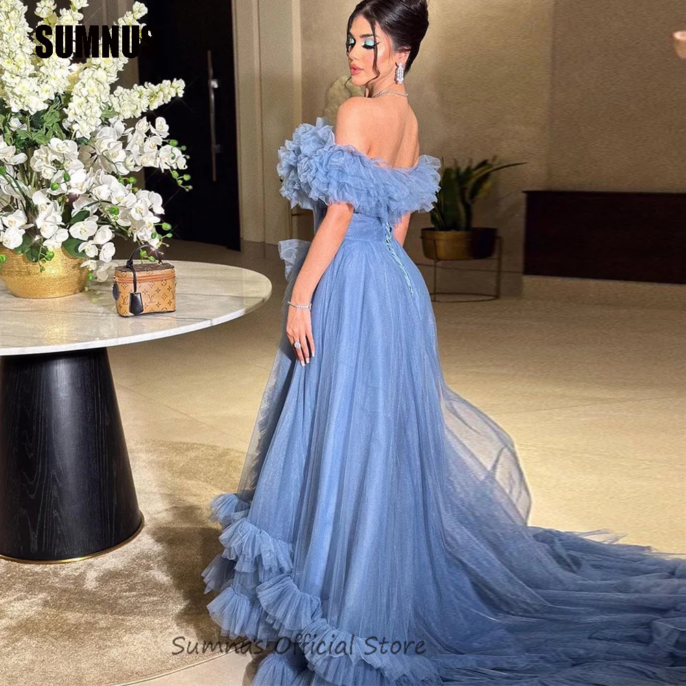 SUMNUS Blue Tulle A Line Princess Wedding Party Dresses Off Shoulder Tiered Ruffles Evening Prom Gowns Bespoke Occasion Dress