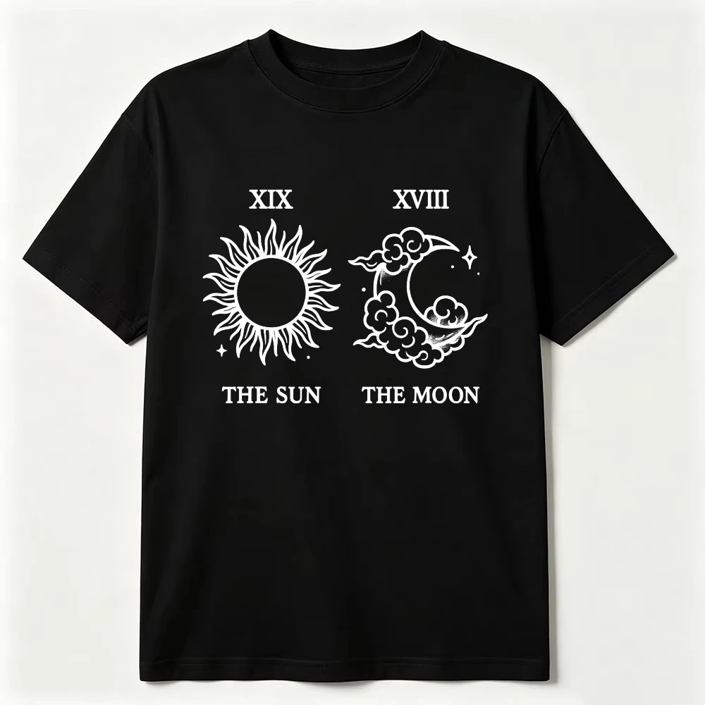 The Sun And Moon Graphic Tee Celestial Tarot Astrology Line Art Spiritual Witchy Unisex Cotton Shirt Retro Short-sleeve Shirt
