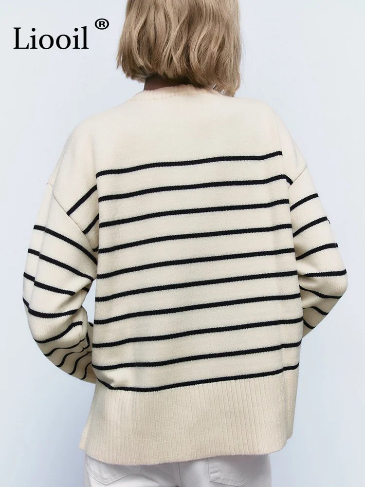 Beige Stripe Baggy Sweater Women Pullover Streetwear Long Sleeve Knitted Tops Female Jumper Autumn Winter Loose Knitted Sweaters