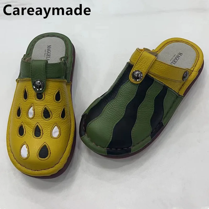 Careaymade-Genuine Leather Women's Slippers,Summer Outerwear Colors Sandals,Flat Sole Non Slip Soft Leather Beach Shoes 32Colors