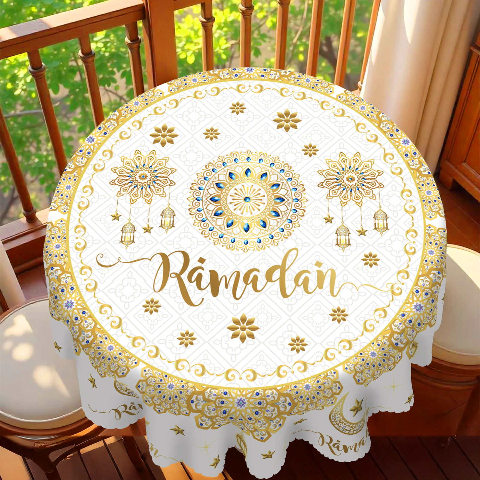1 Piece, Round/Rectangular Luxury Ramadan-Themed Polyester Tablecloth + 4 Self-Adhesive Stickers, Plaid Dark Pattern, Classic Islamic Style, Central Floral Text 
