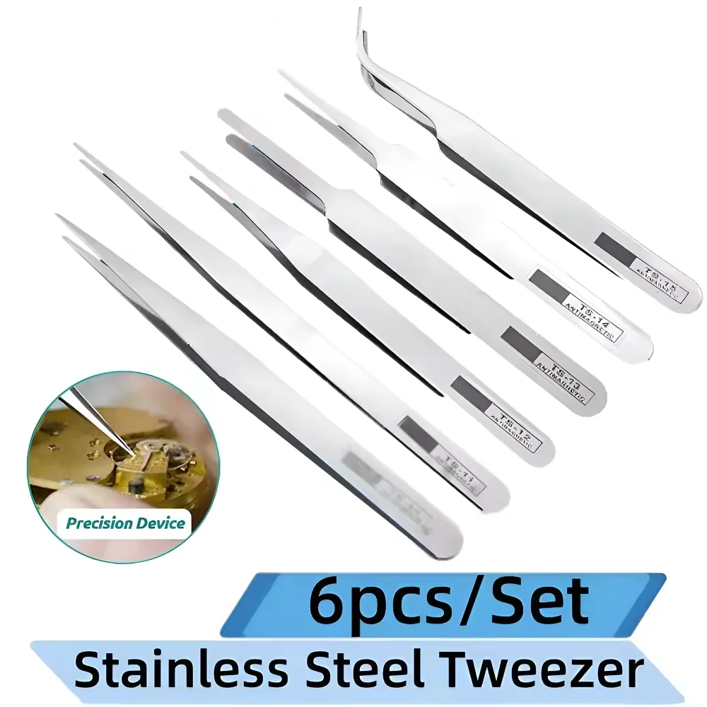6pcs Tweezers Professional Watch Repair Tool Stainless Steel Straight Curved Tweezers, Quartz Mechanical Watch Detail Repair image 2