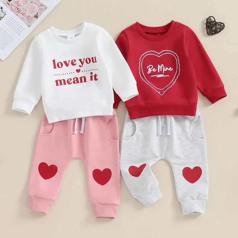 

2023-10-24 Lioraitiin 0-3Y Toddler Baby Boy Valentine s Day Outfits Clothing Set Heart Crewneck Sweatshirt Pant Infant Clothes