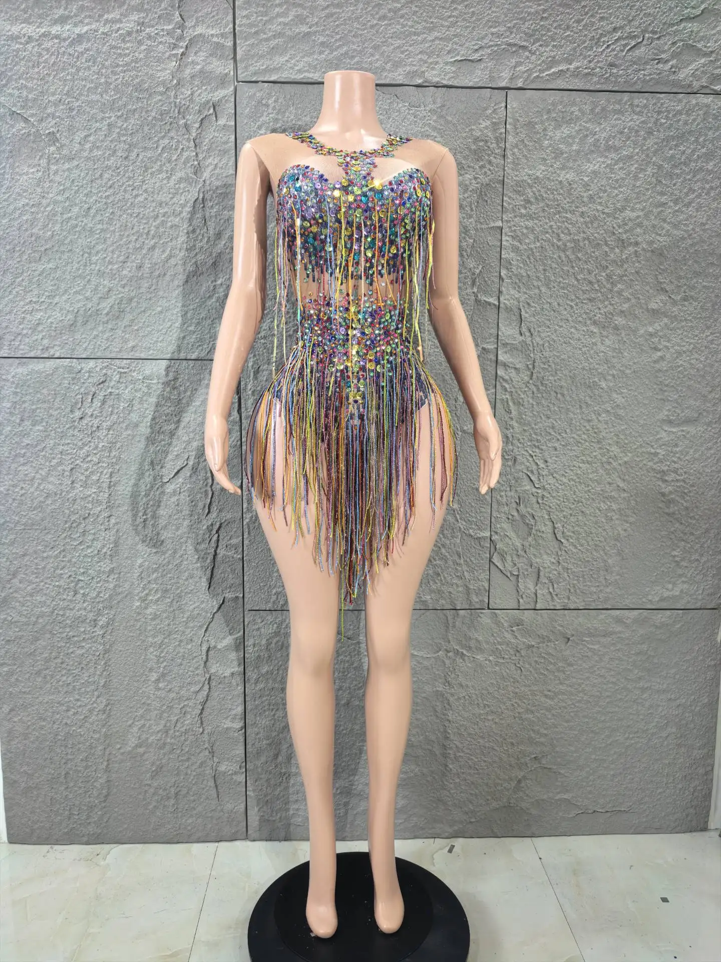 Colorful Tassels Women Sexy High Stretch Bodycon Bodysuit Celebrate Latin Dance Costumes Cheerleading Performance Stage Wear