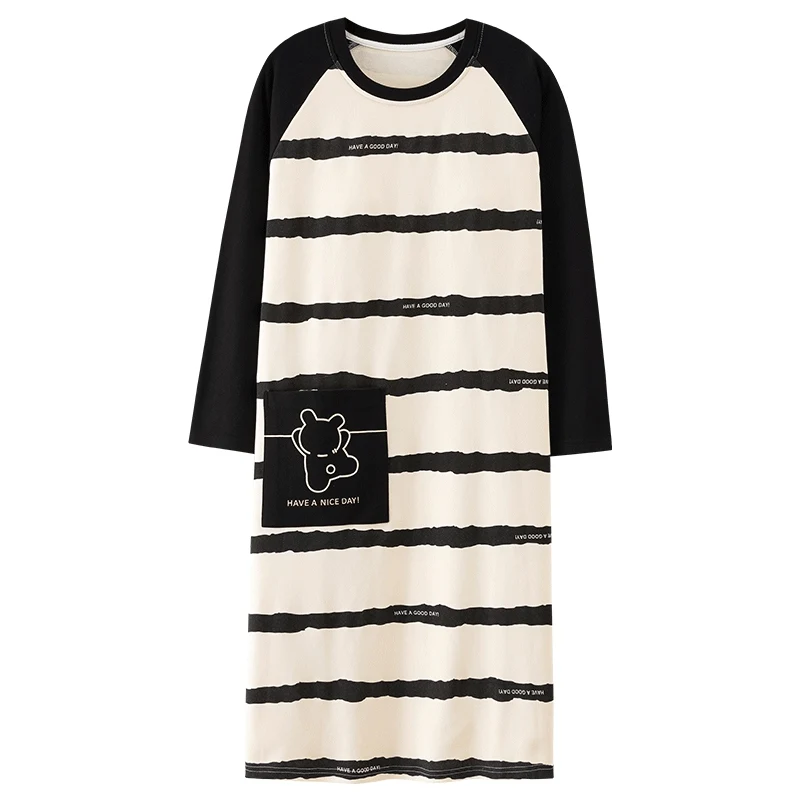 

Осень 202, хлопковые ночные рубашки больших размеров с длинными рукавами для женщин, корейская повседневная одежда для сна в полоску, ночное платье, ночная рубашка, домашняя ночная рубашка