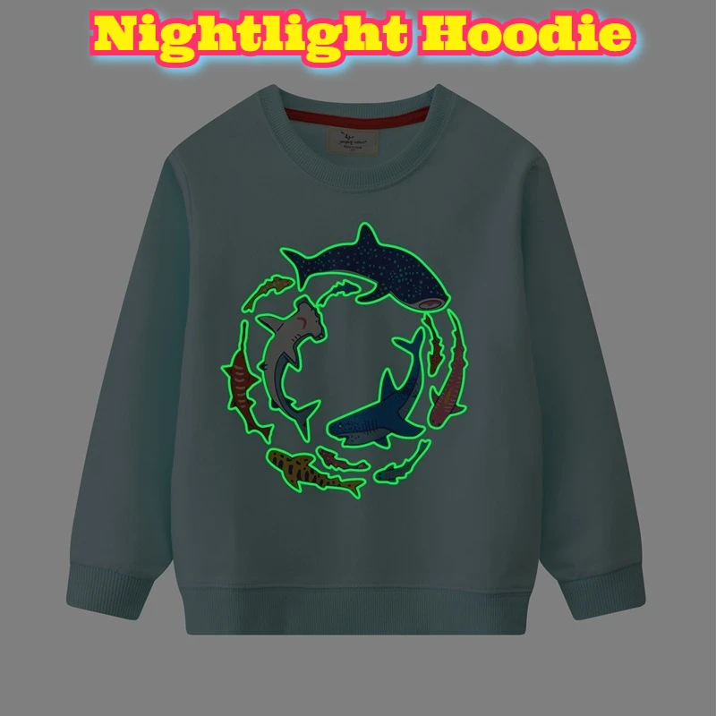 توهج الظلام القرش هوديي ربيع جديد البلوز مضيئة البلوز جولة الرقبة طويلة الأكمام الملابس حزب تصميم الاطفال حجم الملابس #1