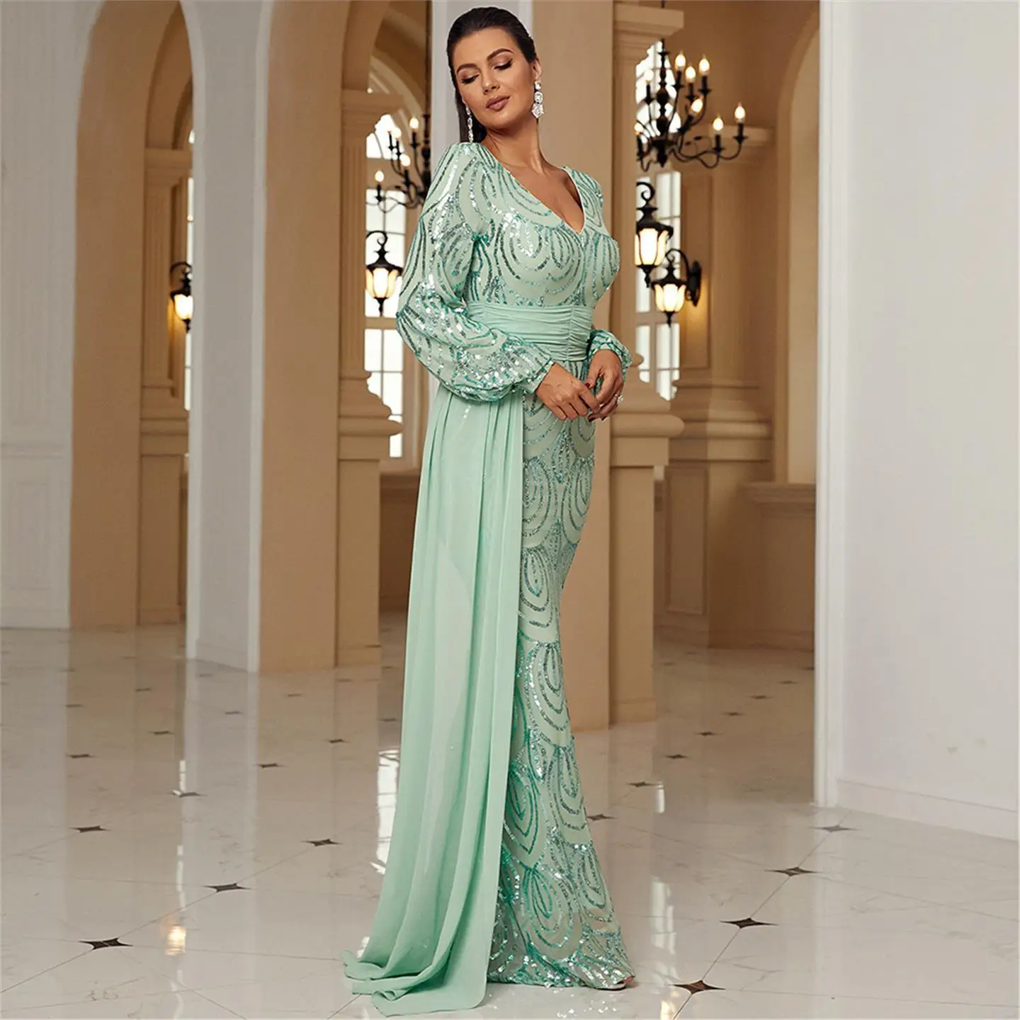 Elegant Long Sleeve V-Neck Evening Gown Sexy Beads Midi Dress for Maid of  High Waist Tunic Dress Women's Fashion Citywalk