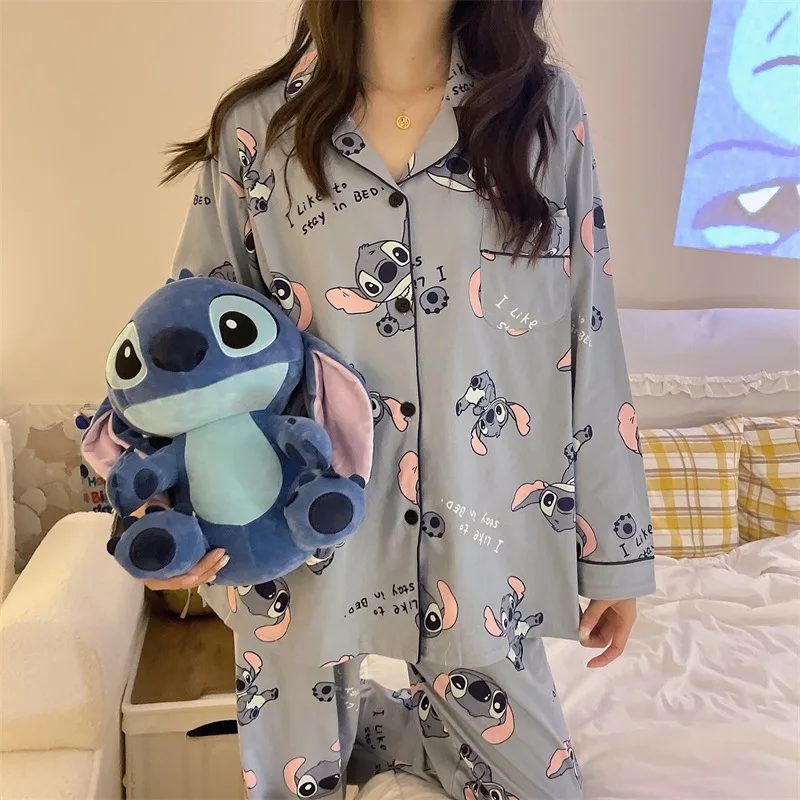 Stitch Women Pajamas Sets Spring Autumn Female Long Sleeve Lapel Top+Pants Suits Disney Cartoon Print Lady Loungewear Gifts