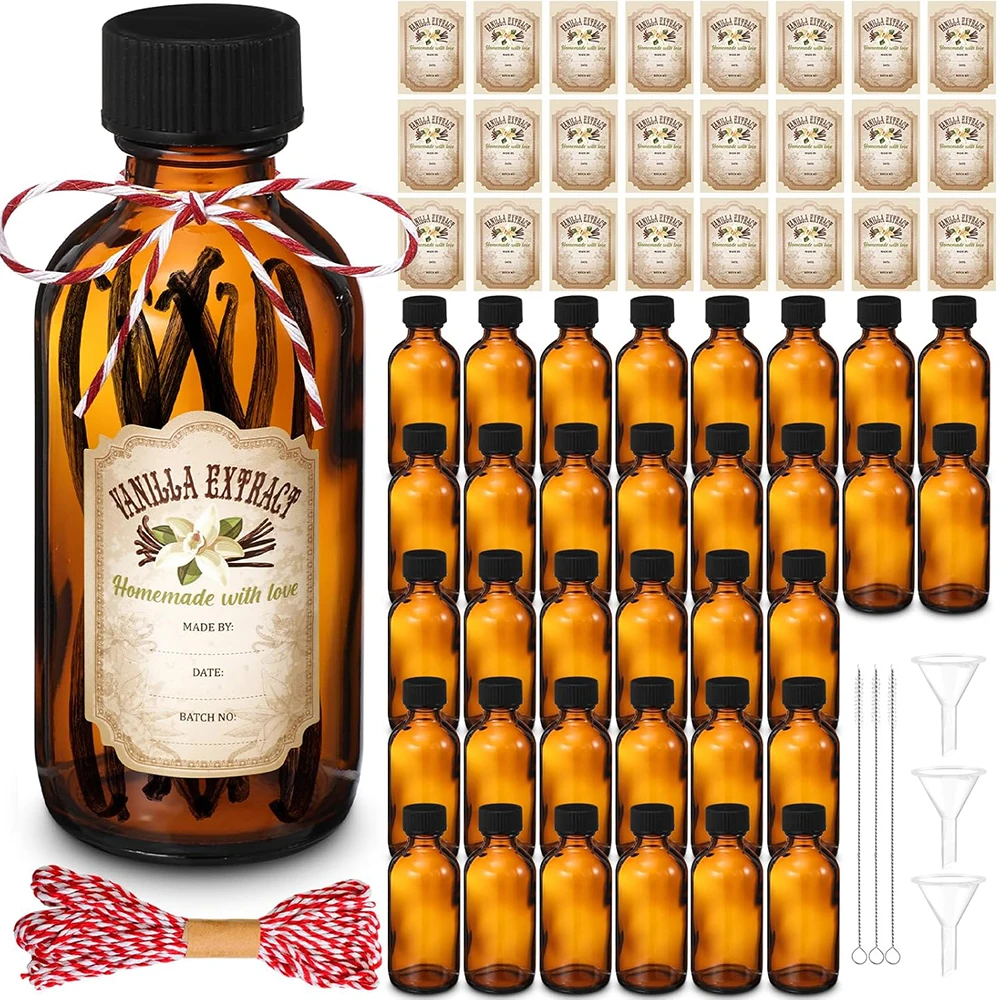 Amber Glass Bottle 2oz Boston Round Bottles with Caps for Vanilla Extract for Homemade Syrup Gift Food Storage Set