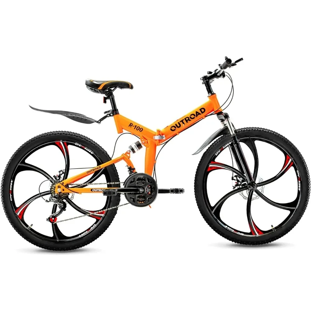 

26 Inch Folding Mountain Bike, Dual Disc Brake Non-Slip 21 Speed Full Suspension High-Carbon Steel MTB Foldable Bicycle