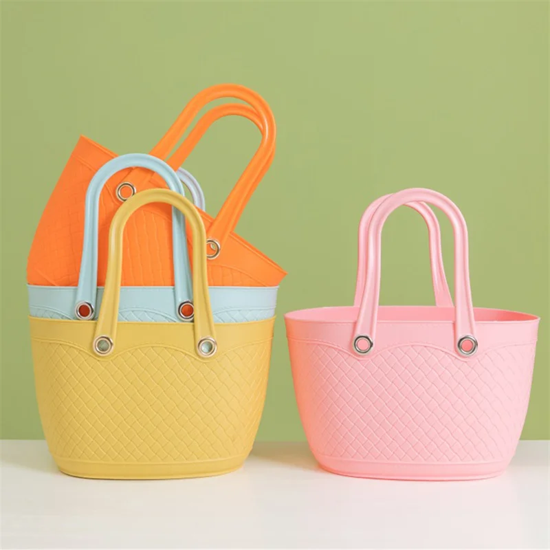 Plastic Bathroom Drain Tote Basket Fashion Macaron Carrying Gift Basket Fruits Storage Bag Bath Children's Picnic Basket