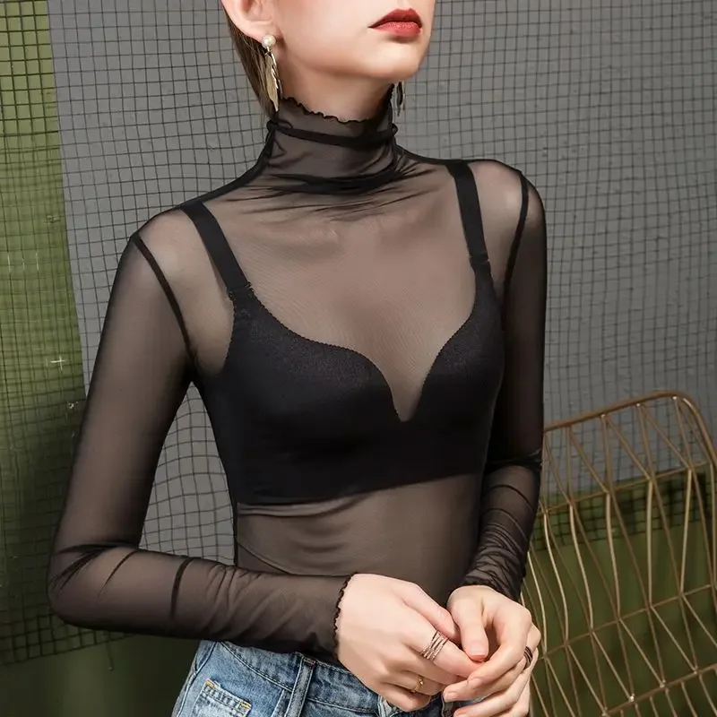 New High Collar Long Sleeve Mesh T-shirt Sexy Y2k Crop Tops Women Korean Fashion Black White Tops