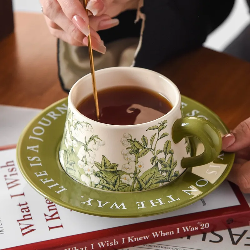 Retro American Ceramic Mugs Hand-painted Coffee Cups Green Bell Orchid Cup and Saucer Kitchen Plates Drinking Afternoon Tea Mug