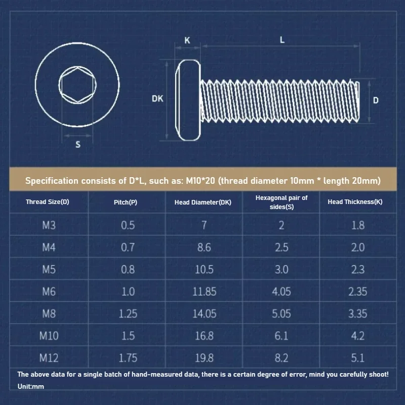 304 Stainless Steel Chamfered Hexagon Socket Head Cap Screws M10 M12 Oblique Flat Round Head Hexagon Socket Head Cap Screws