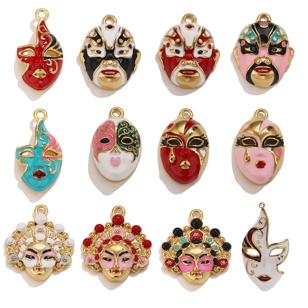 1pcs Stainless Steel Peking Opera Mask Enamel Charms Facial Pendants Findings for Women Earrings DIY Jewelry Making Supplies