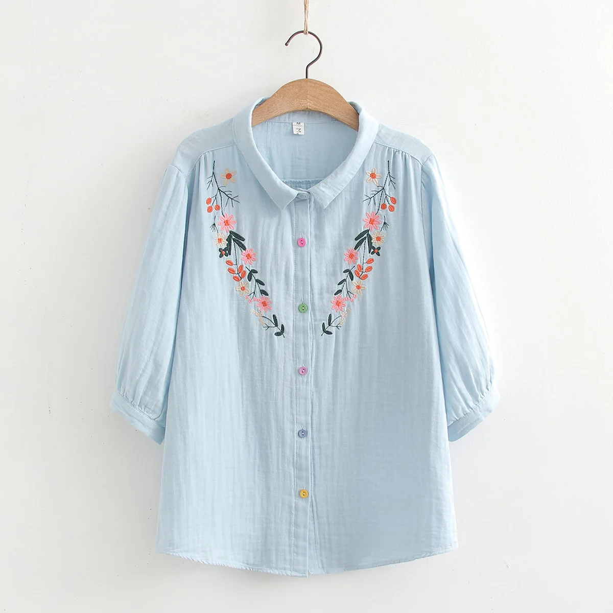 Summer Women Shirts Cotton Yarn Floral Leaves Embroider Blouses 3/4 Sleeves White Lady Tops Female Clothes Japan Style