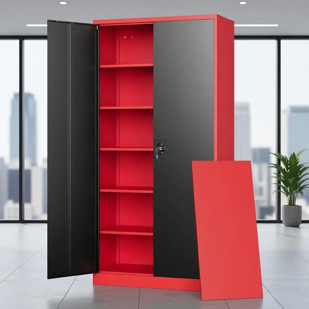 

71, высокостальный шкафчик с замком, 2-дверные регулируемые полки для дома, офиса и промышленного использования (стиль B, черный/красный)
