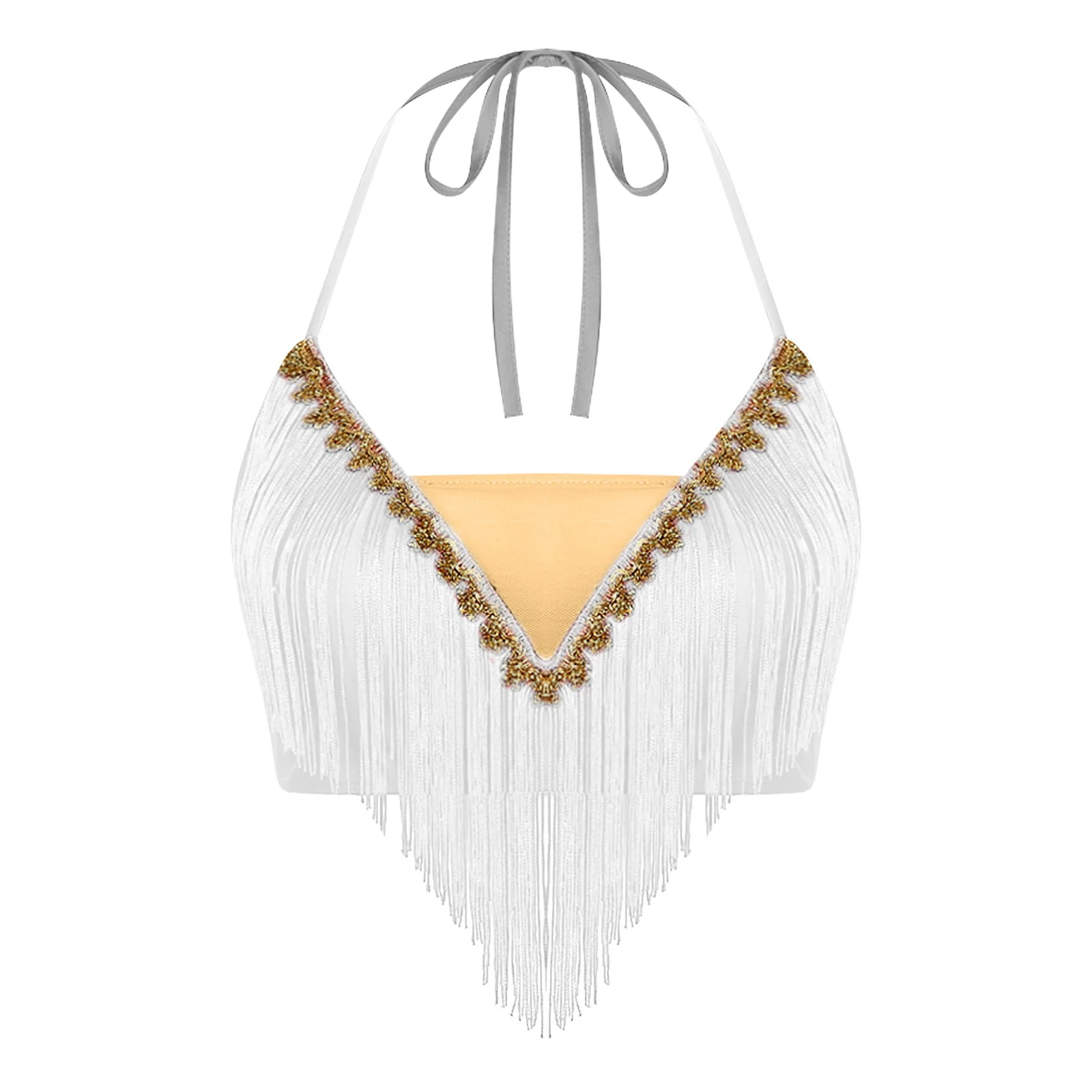 Costume de danse du ventre pour femmes, haut court, festival de musique de danse du ventre, hauts de fête, tenue de rave, haut à franges à bretelles, bordure dorée