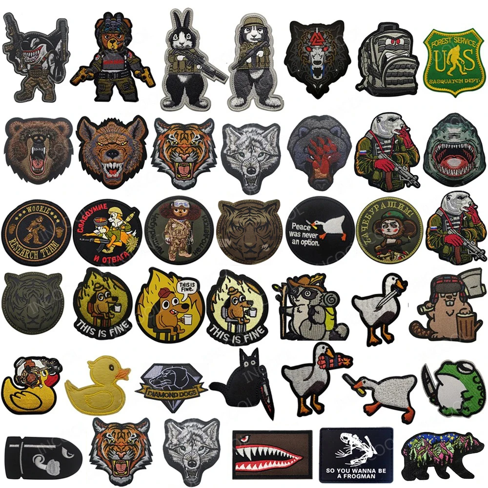 Embroidered Patches Animals Bear Tiger Wolf Monkey Shark Duck Cat Goose Dog Bunny Bigfoot Guns Knifes Patch For Clothing