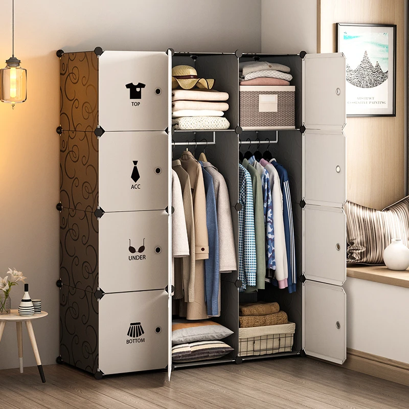 

Simple Household Wardrobes Small Apartment Hanging Bedroom Storage Cabinet Rental Room Plastic Folding Assembly Cloth Wardrobe