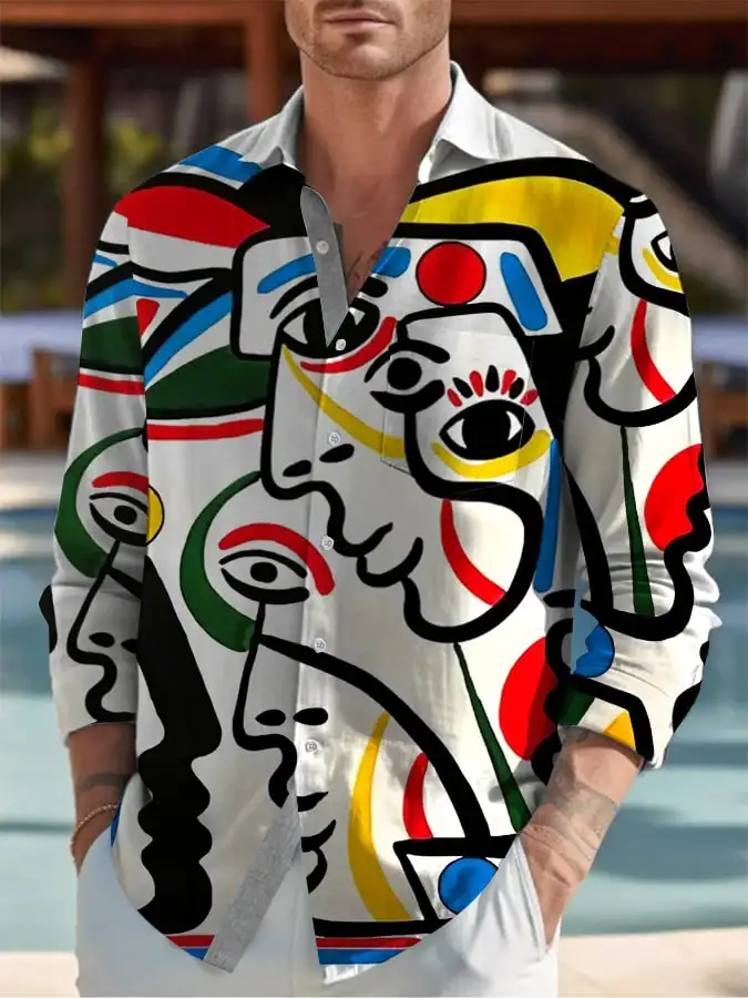 Men Fashion Long Sleeve Shirt Colorful Abstract Portrait Graphic Print Casual