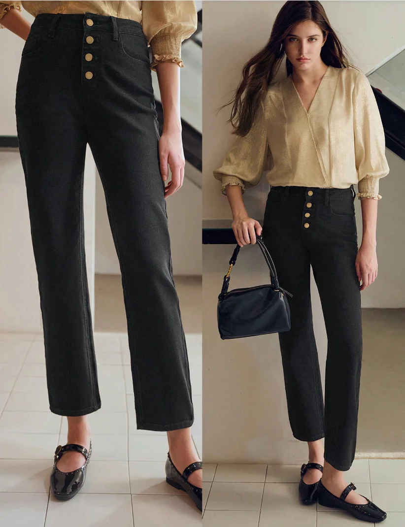 2026 French Retro High Waist Straight Leg Jeans Female Multiple Buttons Stretchy Denim Leg-Slimming All-Season Chic Trousers