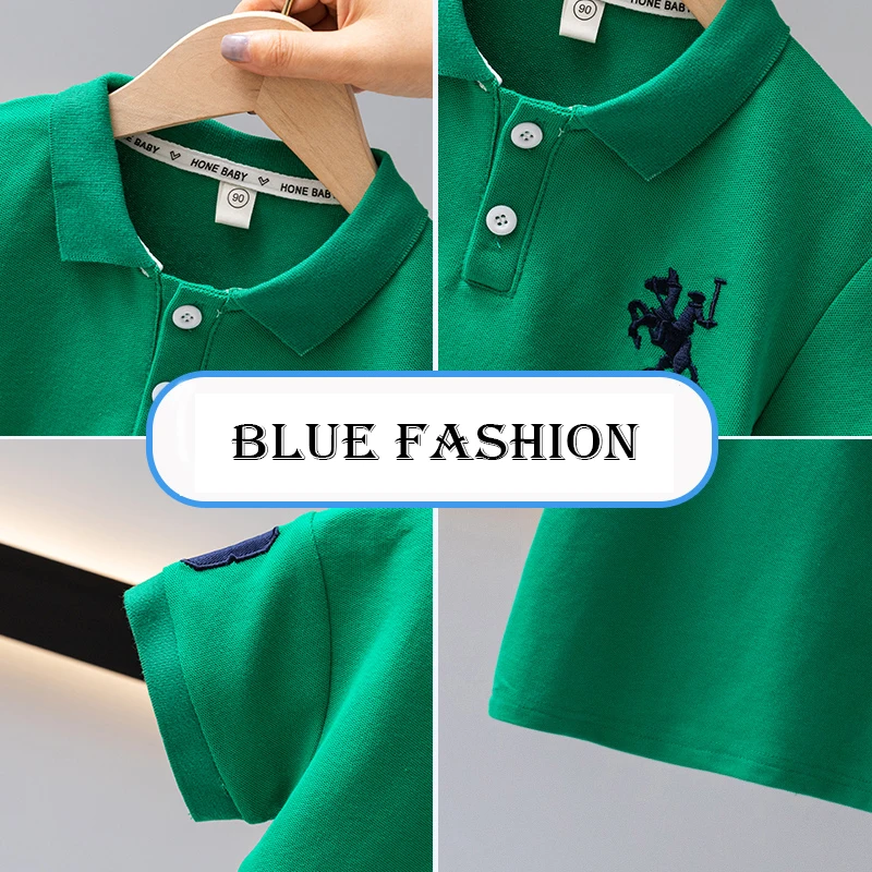 Summer Boys 2024 Casual Embroidery Horse Button Pullover Short sleeved T-shirt Polo Shirt Children\'s Clothing 1-7Y