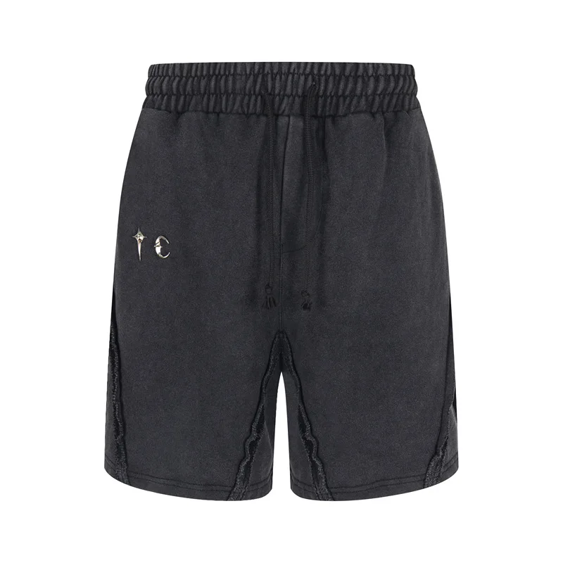 Thug Club 2026 New Summer Streetwear Hip-Hop Style Patchwork Washed Distressed Star Moon Silver-Tone Loose-Fit Shorts