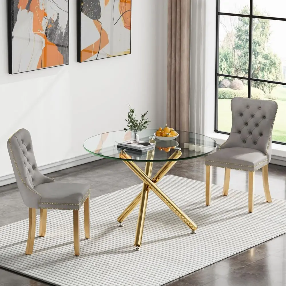 

2-Person Glass Dining Table Set with Gold Circle and Grey Velvet Chairs for Breakfast Nook