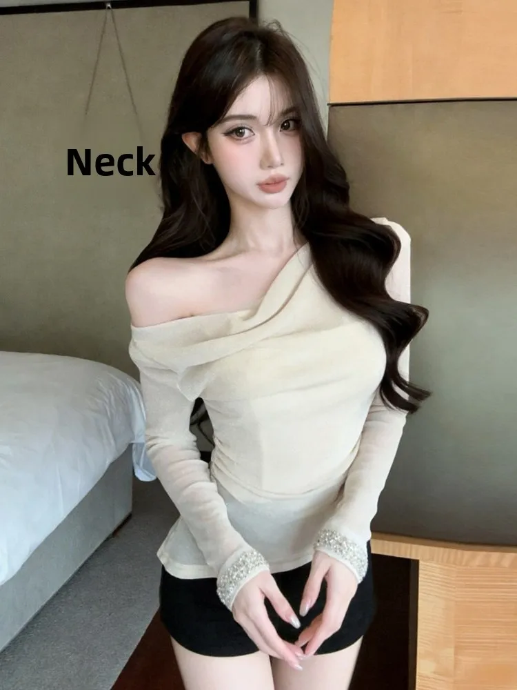 Sexy Diamond Sleeve Design Shiny Thread Women's T-shirt Slim Fit Base Shirt V-neck High Waist Fake Two-piece Autumn Long Sleeve