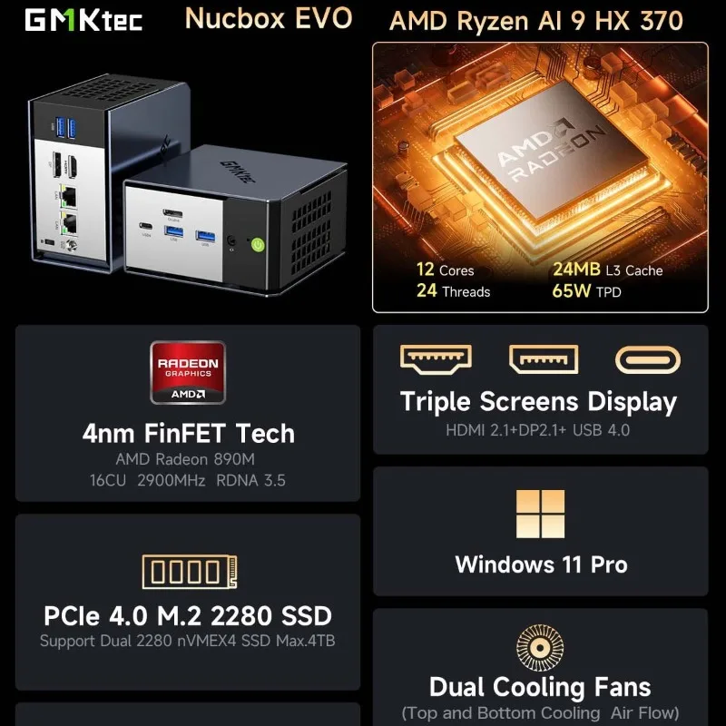 EVO-X1 AMD Ryzen AI 9 HX 370 miniPC Console d'ordinateur de bureau de conception de jeu