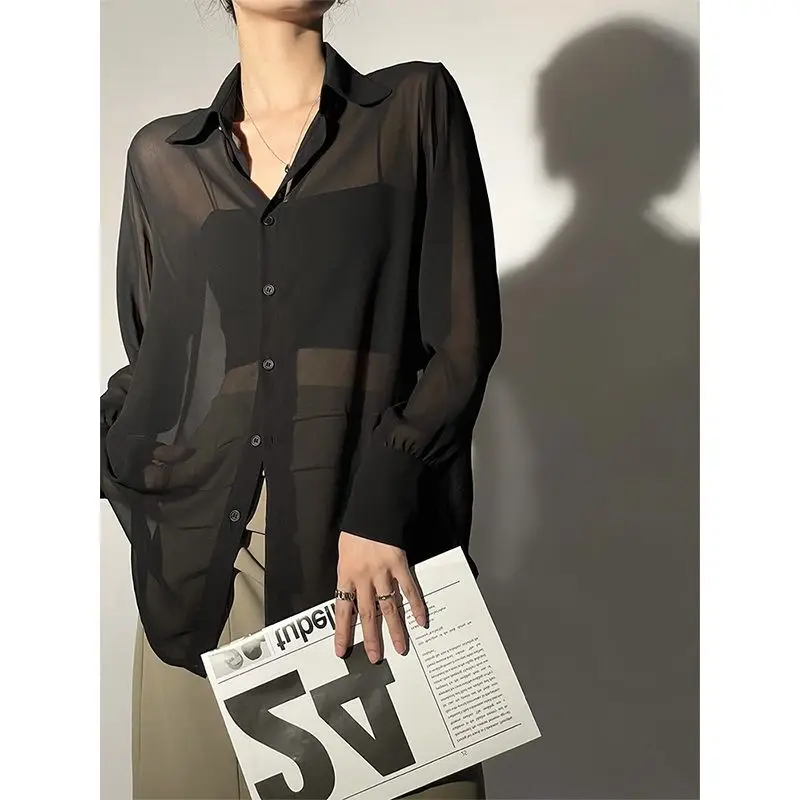 

QWEEK Sun-proof Transparent Shirt Female Mesh Long Sleeve Y2k Top Solid Loose Chiffon Blouse Korean Fashion Cardigan for Women