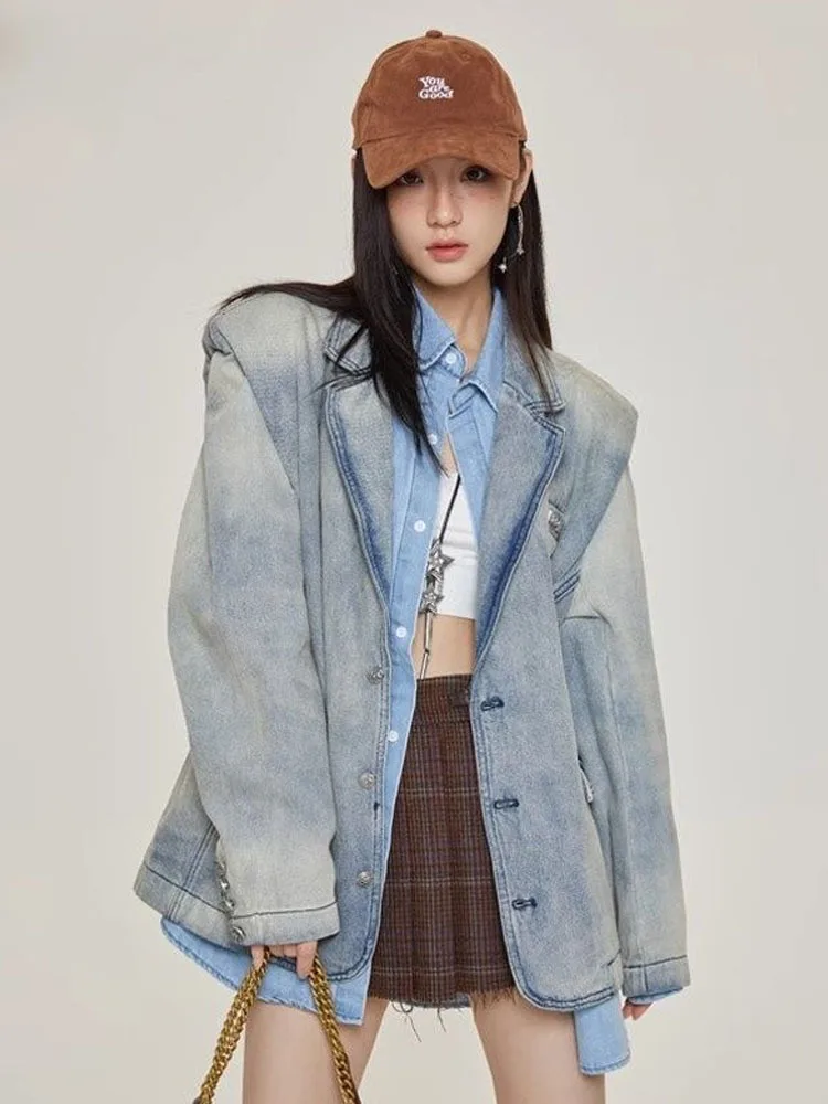 Washed Denim Suit Jacket for Men and Women, Trendy Loose Jacket, Jean Jacket, Instagram, Autumn