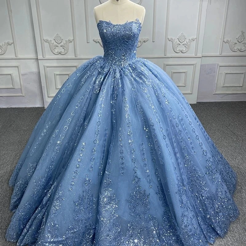 Sky Blue Shiny Off The Shoulder Quinceanera Dress Ball Gown Lace Applique Beaded Tull Sweet 16 Vestido 15 De Años