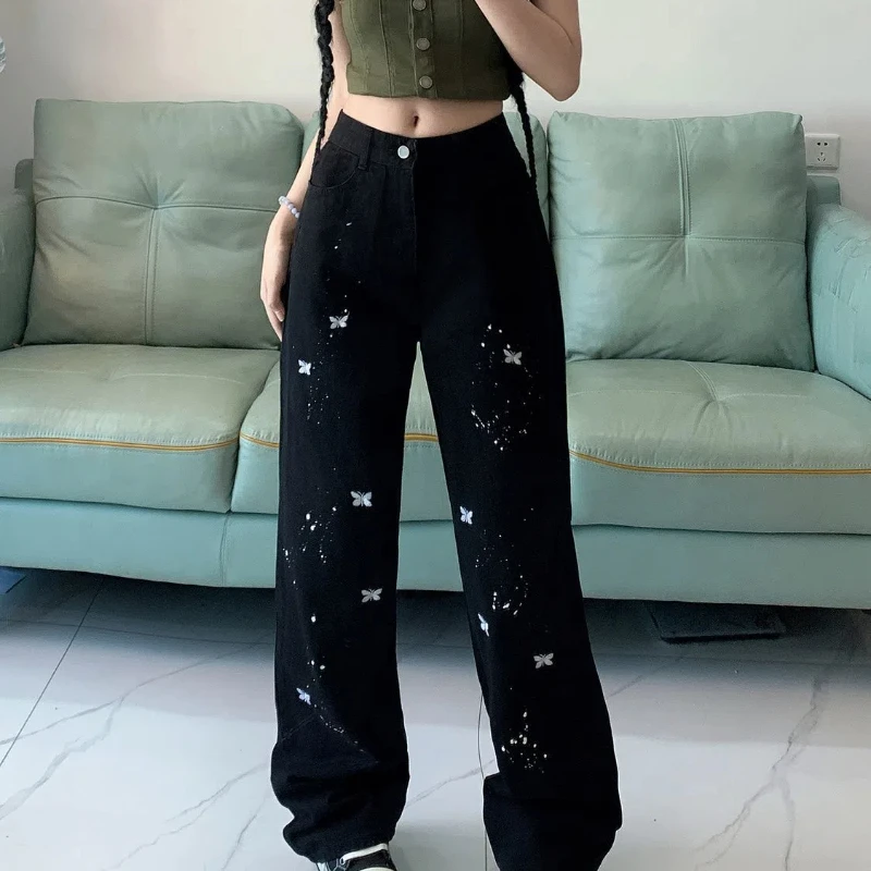 Inkjet Embroidered Butterfly Jeans for Women Straight Leg Loose and Wide Leg Pants High Waist Slimming Versatile Pants Trendy