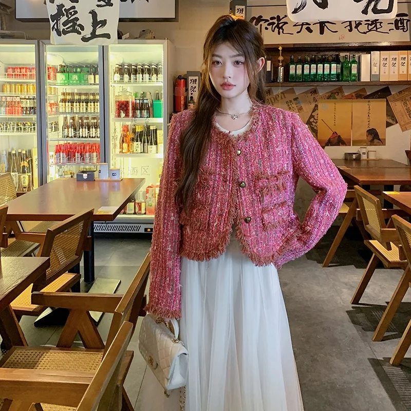 لقطة حقيقية مخصصة عالية الجودة تويد سترة قصيرة المرأة خريف شتاء معاطف الوردي