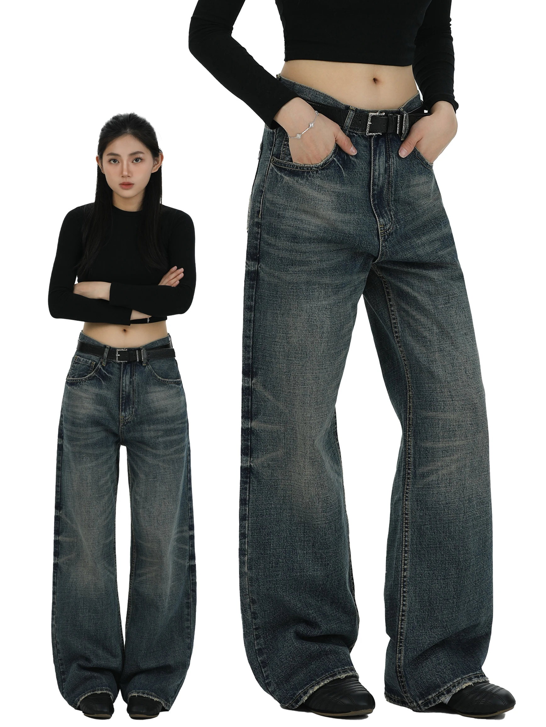 

Джинсы женские в американском винтажном стиле, с эффектом потертости, свободного кроя, широкие прямые брюки, повседневные штаны